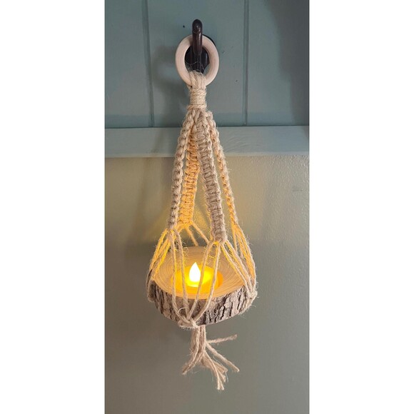 Handmade Hanging Macrame Plant Hanger with Wood Plank Tea Light Holder - Picture 1 of 7
